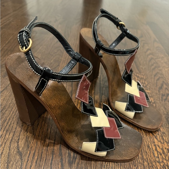Miu Miu Shoes - Miu Miu wooden high heel women’s size 39 patent leather black maroon cream